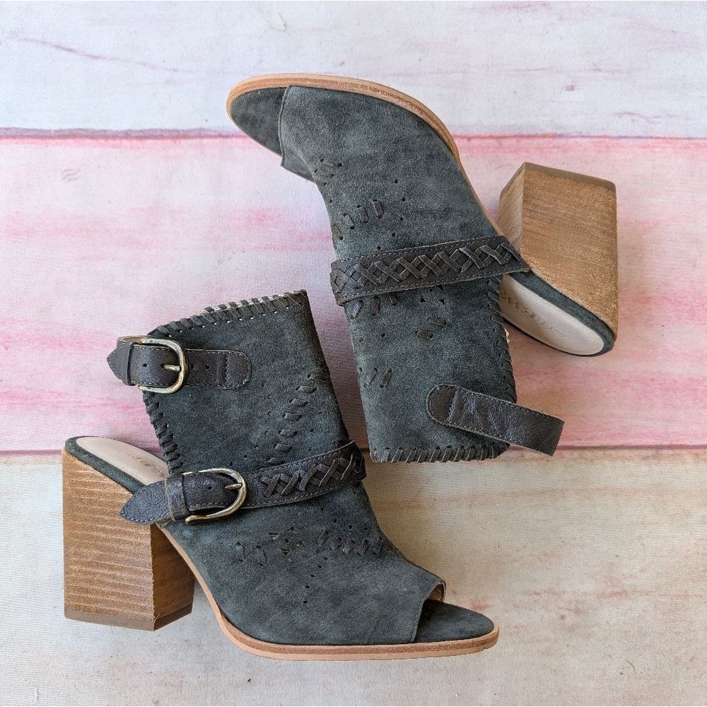 Gee WaWa Bangle‎ Suede Open Toe Ankle Booties 8.5 Boho Retro Block Heel
